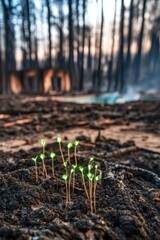 Plant sprout growing out of burnt soil in a devastated village after wild fire.