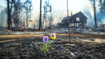 Naklejka premium Plant sprout growing out of burnt soil in a devastated village after wild fire.