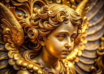 Exquisite Detail of a Golden Cherub Sculpture Closeup Macro Photography of Ornate Wings and Intricate Design