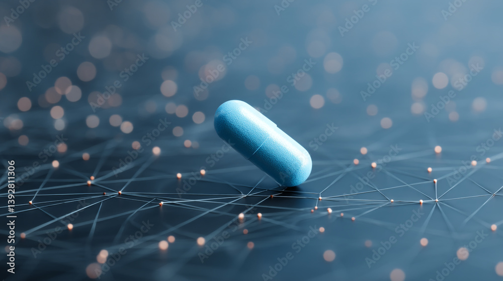 Poster a single blue pill on a network background with bokeh effect and connecting lines and dots design