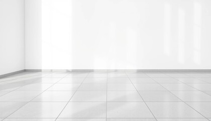 Fototapeta premium Sleek White Room Interior Design Glossy Ceramic Tiles and Minimalist Wall