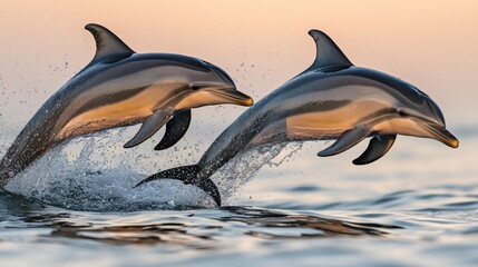 Obraz premium Two dolphins leaping playfully in ocean sunset a breathtaking wildlife spectacle