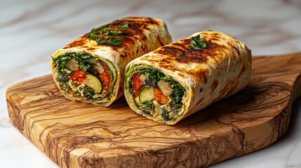 Delicious Grilled Vegetable Wraps on Rustic Olive Wood Board Healthy vegetarian meal