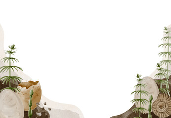 frame with stones and plants. Prehistoric period. Fossils and ammonites. Horsetail growing between stones. Dinosaur eggs. Jurassic era. Watercolor illustration. Paleontology © Alena Sid