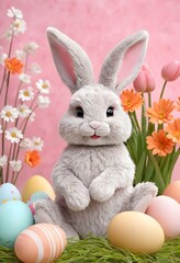 Obraz premium Easter bunny colorful tulips and pastel eggs on abstract background spring holiday greeting scene