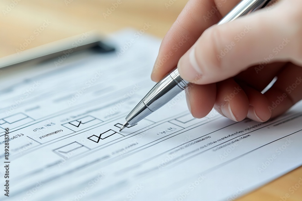 Poster close-up shot of hand holding pen and checking boxes on survey or office report form