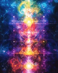 A vibrant, abstract artwork depicting energy centers, featuring colorful orbs and intricate geometric patterns against a cosmic background.