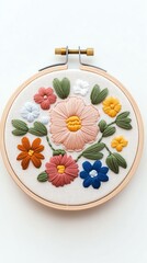 A collection of variously colored stones A vibrant embroidery hoop featuring a floral design with colorful flowers, perfect for art lovers and crafting enthusiasts.