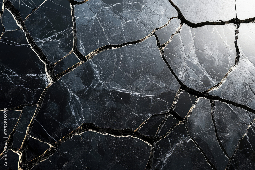 Poster a dark marble surface is fractured and rejoined with golden seams, creating a luxurious and intricat