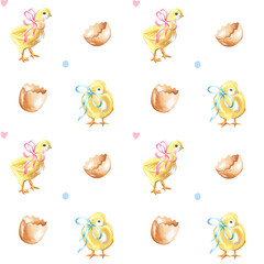 Chicks and eggshells. Watercolor Seamless pattern