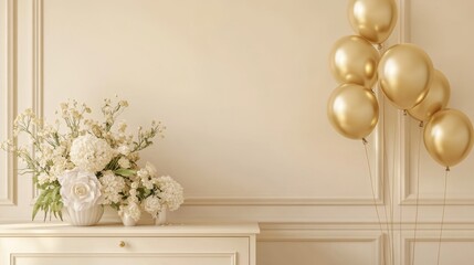 Beautiful golden air balloons with home decor and flowers on commode near beige wall at home
