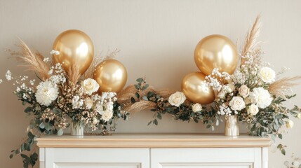 Beautiful golden air balloons with home decor and flowers on commode near beige wall at home