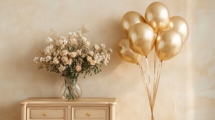 Beautiful golden air balloons with home decor and flowers on commode near beige wall at home