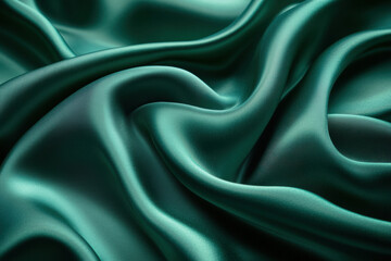 Obraz premium Green silk fabric draped elegantly showcasing a shimmering texture against a sunlit backdrop, exuding a luxurious and serene ambiance.