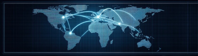 A digital world map with interconnected nodes and lines, representing global connectivity and data flow.