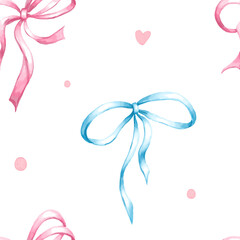 Seamless pattern with bows and ribbons. Watercolor illustration