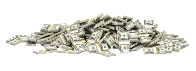 Huge mound of bundled hundred dollar bills isolated on transparent background
