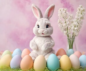 Fototapeta premium Easter bunny colorful tulips and pastel eggs on abstract background spring holiday greeting scene