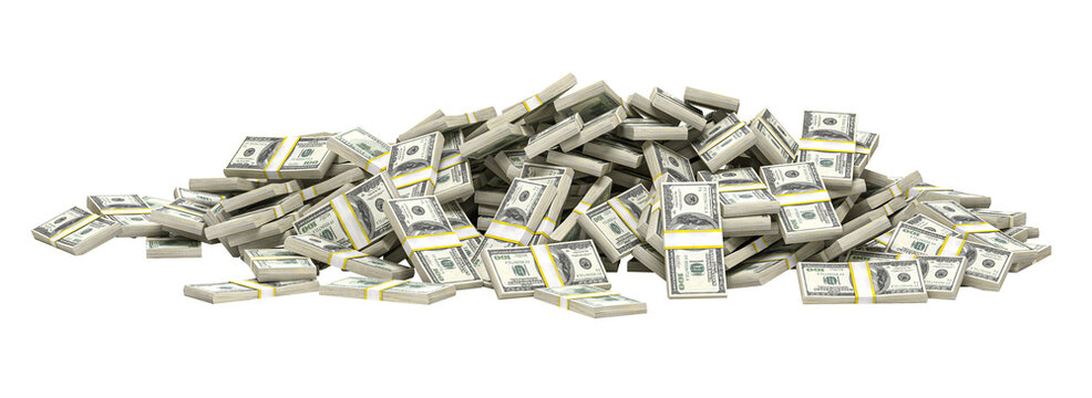 Huge mound of bundled hundred dollar bills isolated on transparent background