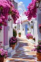 Sun-drenched alleyway with vibrant bougainvillea flowers adorning whitewashed buildings.