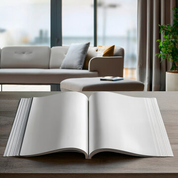 Mockup de uma revista, panfleto, aberto, totalmente em branco para ser usado como modelo de apresenta&ccedil;&atilde;o de logo, logomarca, logotipo, Revista sobre uma mesa de madeira em um ambiente de escrit&oacute;rio.