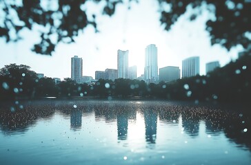 Fototapeta premium Raindrops on a window with a city skyline in the background