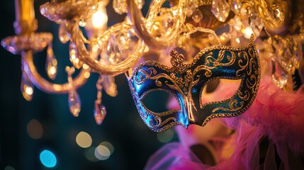 A masquerade ball theme with elegant masks and chandeliers.
