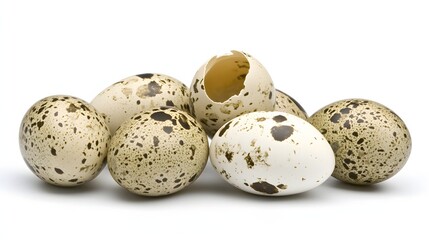 Obraz premium Cluster of Quail Eggs with One Broken Shell on a White Background