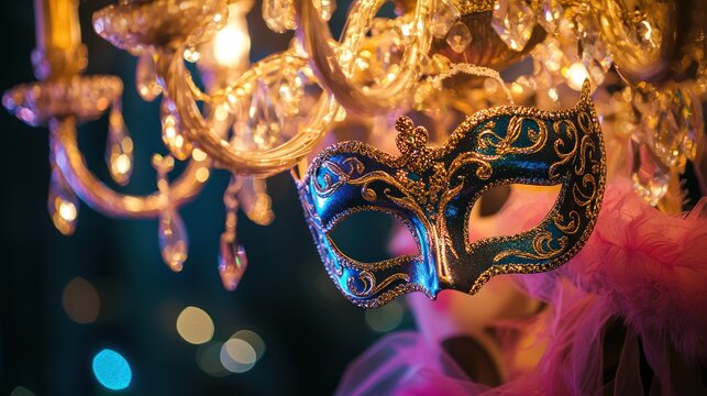 A masquerade ball theme with elegant masks and chandeliers.