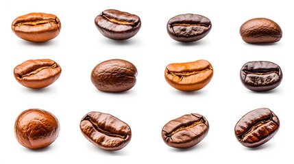 Obraz premium Assorted Roasted Coffee Beans Featuring Various Shades and Textures on a White Background