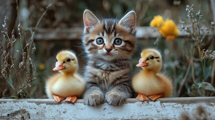 Fototapeta premium Curious fluffy white-gray kitten sits beside playful yellow ducklings on vintage bench amidst vibrant green grass and blooming flowers, soft warm lighting evokes nostalgic nature scene.