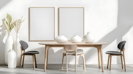 Modern Minimalist Dining Space with Light Wooden Table and White Vases on a Bright Wall Background
