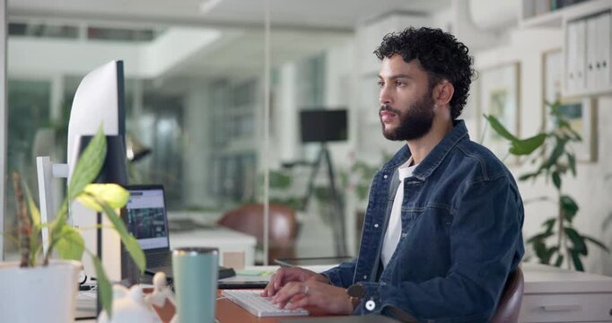 Businessman, computer and typing with keyboard for online research, browsing or web development at office desk. Man, employee or designer with technology for network, connection or communication