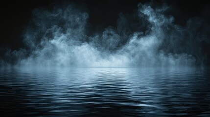 Mystical Water Surface Reflecting Ethereal Fog Against a Dark Backdrop