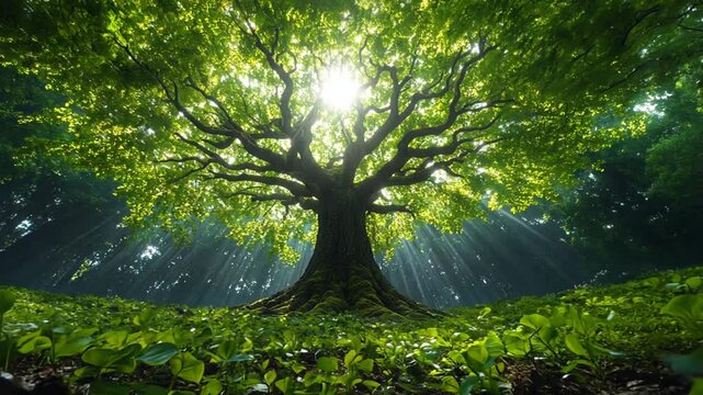 Majestic ancient tree bathed in sunlight, forest floor, nature's glory, powerful image