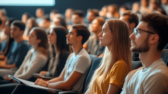students watching presentation in busy conference hall during business training seminar with engaged audience educational atmosphere and professional development concept