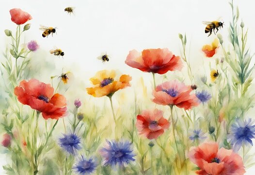 isolated illustration watercolor flowers bright colorful meadow spring herbs wildflowers green red border poppy butterflies grass white bees cup leaves butter background cornflower blue bee field