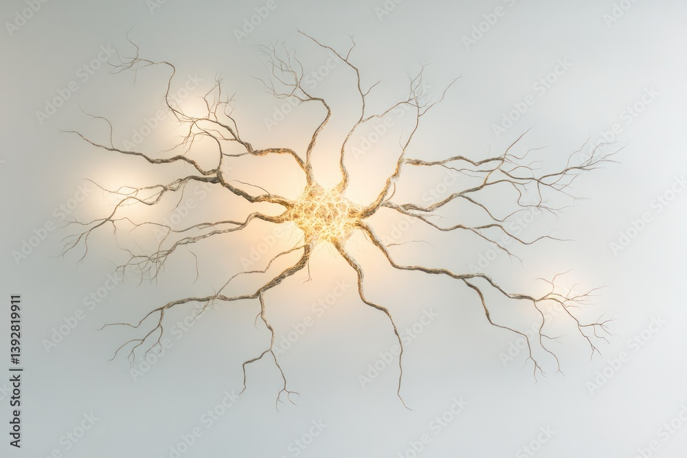 Fototapete a 3d rendering of a neuron with clearly visible axon terminals and dendritic branches, illuminated b