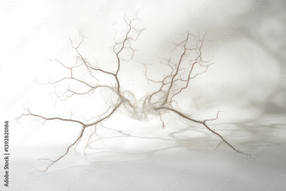 Fototapete a 3d rendering of a neuron with clearly visible axon terminals and dendritic branches, illuminated b