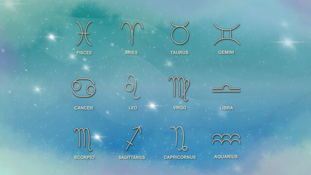 A dreamy zodiac illustration featuring all 12 astrological signs on a starry, misty blue background. Ideal for horoscope, astrology, mystical, or celestial-themed designs and content.
