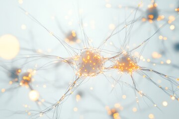 A close-up image of a network of interconnected neurons, with glowing synapses transmitting signals between them, against a white background