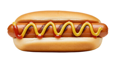 Grilled Hot Dog with Bun Mustard and Ketchup Against White Background