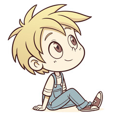 A cheerful boy with light blonde hair and overalls sits on the ground, looking up with a joyful expression. He seems lost in thought on a sunny day, surrounded by nature