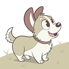 Fototapeta premium A happy dog stands in a lush green area, ears perked up and tail wagging. The dog shows excitement, looking up with big bright eyes, ready for adventure in the sunlit grass