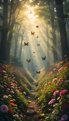Poster Sunlit path through a magical flower-filled forest, with butterflies