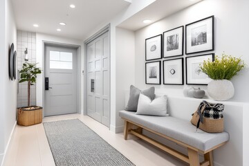 A realistic photo of a hallway with art gallery-style wall frames and a statement bench