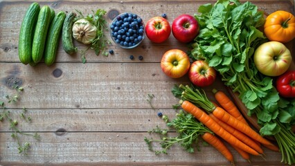 Fresh vegetables and fruits arrangement on rustic wooden table culinary inspiration home kitchen top view