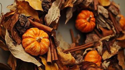 A beautiful autumn wreath made of dried leaves, small pumpkins, and cinnamon sticks.
