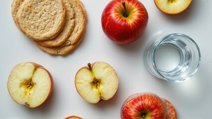 Baking fresh cookies and slicing juicy apples in a modern kitchen food photography vibrant setting overhead view
