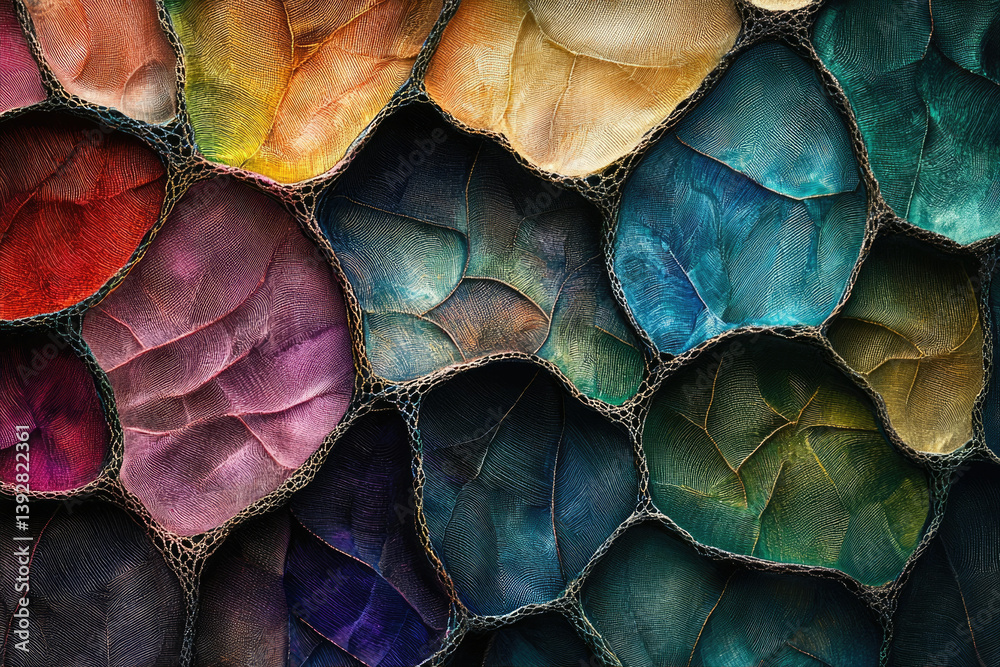 Poster A mosaic of colorful leaf-like structures with intricate textures, interconnected by a delicate, web-like pattern, creating a visually captivating composition.